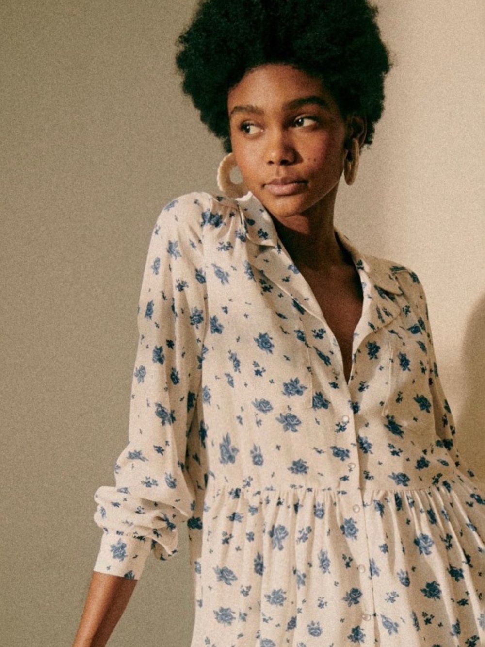 SEZANE Aurora Dress in Blue Rose, Ivory and Blue Floral Button-Front Dress